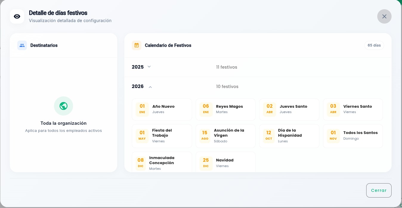 Configuración de calendarios y días festivos laborales