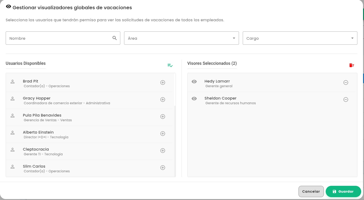 Panel de control de permisos y visibilidad global